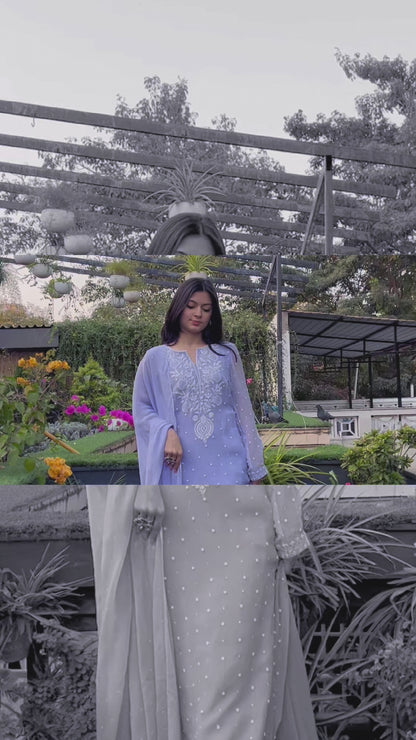 GORGETTE SUIT WITH PEARL AN THREAD WORK