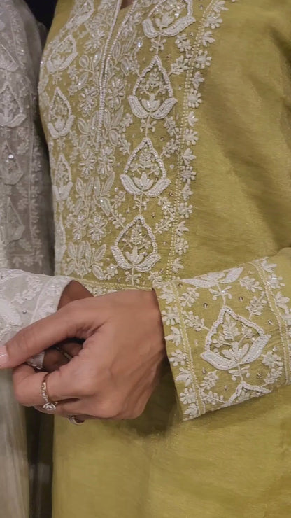 Pure Silver Tissue Co-ord Set With Pearl Sequence And Cutdana