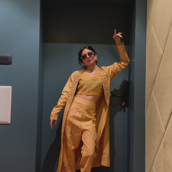 Yellow Set In Pure Tussar Silk With Mukaish And Zardosi Work