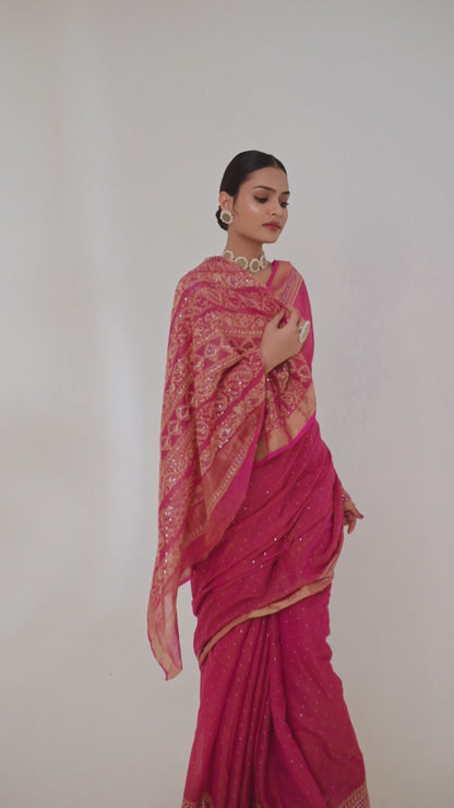 Red Pure Tissue Saree With Mukaish And Thread Work