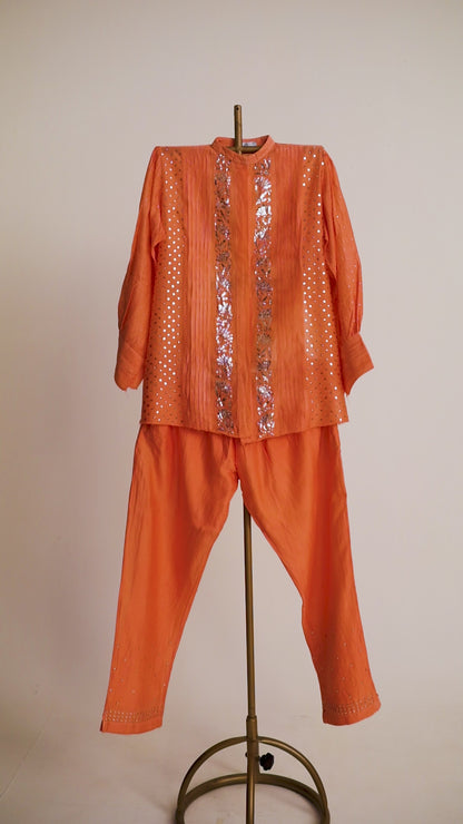 Orange Co-ord Set in Pure Chanderi Silk With Mukaish Work