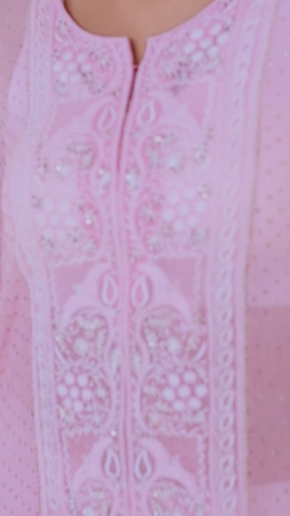 Pink Pure Georgette Kaftan With Chickankari And Mukaish Work